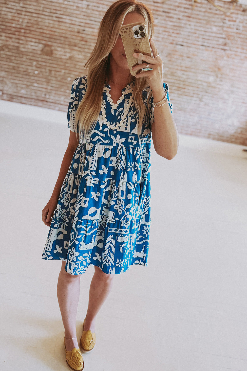 Blue Ricrac Trim Split Neck Floral Loose Dress Floral Dresses JT's Designer Fashion