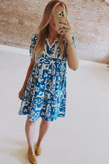 Blue Ricrac Trim Split Neck Floral Loose Dress Floral Dresses JT's Designer Fashion
