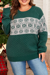 Green Christmas Snowflake Pattern Drop Shoulder Plus Size Sweater Plus Size Sweaters & Cardigans JT's Designer Fashion
