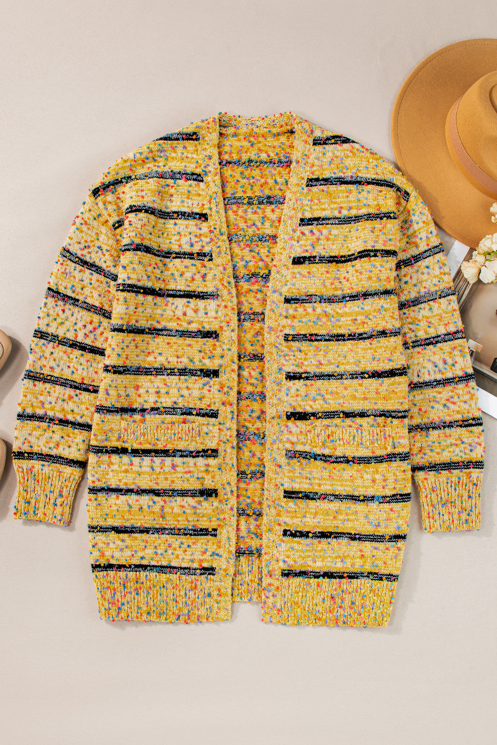 Beige Striped Pom Pom Knit Open Front Long Cardigan Cardigans JT's Designer Fashion