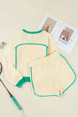White Contrast Trim Colorblock Long Sleeve Pullover and Drawstring Shorts 2pcs Outfit Short Sets JT's Designer Fashion
