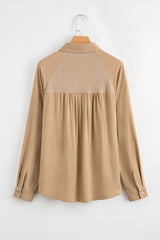Light French Beige Waffle Patchwork Button Up Frayed Hem Shirt Blouses & Shirts JT's Designer Fashion