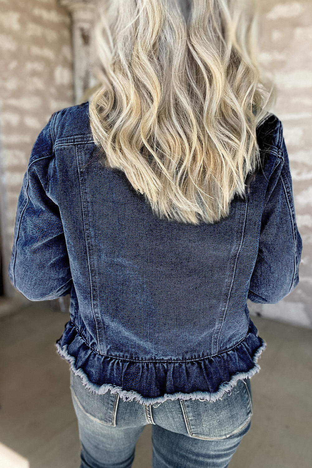 Navy Blue Ruffle Raw Hem Flap Pockets Denim Jacket Denim Jackets JT's Designer Fashion