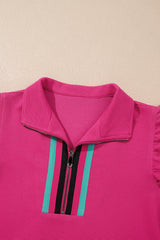 Strawberry Pink Striped Detail Flutter Sleeve Zipped Collar Short Set Short Sets JT's Designer Fashion