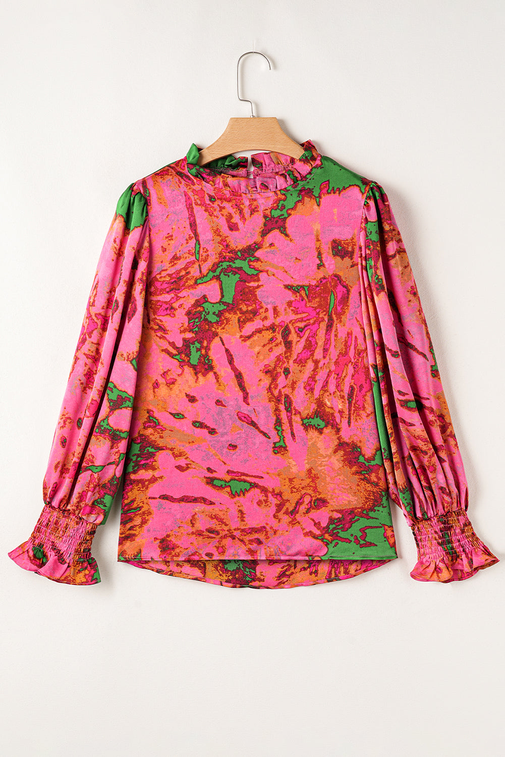 Rose Abstract Print Frilly Neckline Puff Sleeve Blouse Blouses & Shirts JT's Designer Fashion