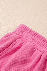 Bright Pink Textured Pearled Ruffle Sleeve Top 2 Piece Shorts Set Short Sets JT's Designer Fashion