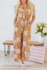 Khaki Floral Print Sleeveless Button up Wide Leg Loose Jumpsuit Jumpsuits & Rompers JT's Designer Fashion