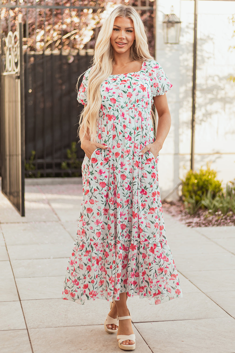 Pink Floral Puff Sleeve Square Neck Empire Waist Tiered Maxi Dress Floral Dresses JT's Designer Fashion