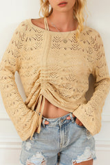 Khaki Hollowed Knit Asymmetric Drawstring Sweater Sweaters & Cardigans JT's Designer Fashion