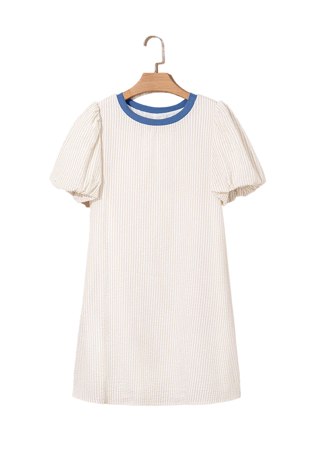 Beige Stripe Stripe Print Puff Sleeve Versatile Pullover Dress Dresses JT's Designer Fashion