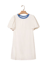 Beige Stripe Stripe Print Puff Sleeve Versatile Pullover Dress Dresses JT's Designer Fashion