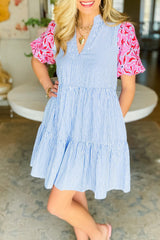 Sky Blue Stripe Contrast Floral Puff Sleeve Tiered Ruffle Dress Dresses JT's Designer Fashion