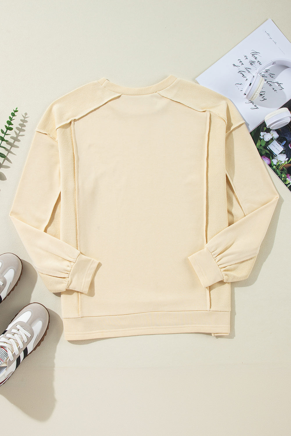 Beige Splicing Round Neck Pullover Sweatshirt Sweatshirts & Hoodies JT's Designer Fashion