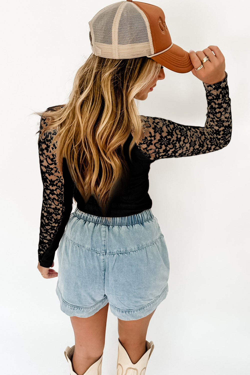 Black Floral Lace Patchwork Long Sleeve High Neck Slim Top Long Sleeve Tops JT's Designer Fashion