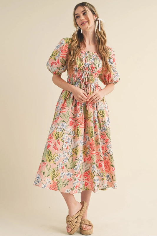 Apricot Pink Floral Smocked Bust Bubble Short Sleeve Long Dress Maxi Dresses JT's Designer Fashion