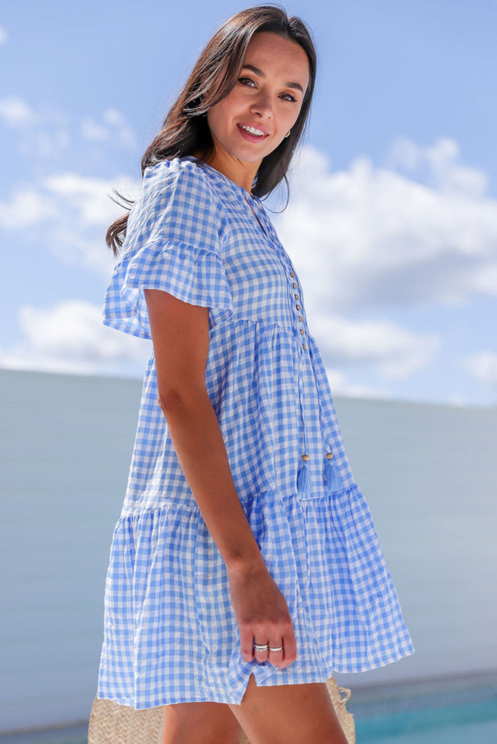 Sky Blue Gingham Short Sleeve Button Tie Split Neck Loose Mini Dress Mini Dresses JT's Designer Fashion
