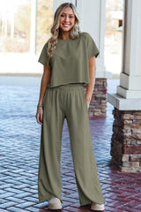 Seagrass Raw Hem Loose Tee and Wide Leg Pants Set Pant Sets JT's Designer Fashion