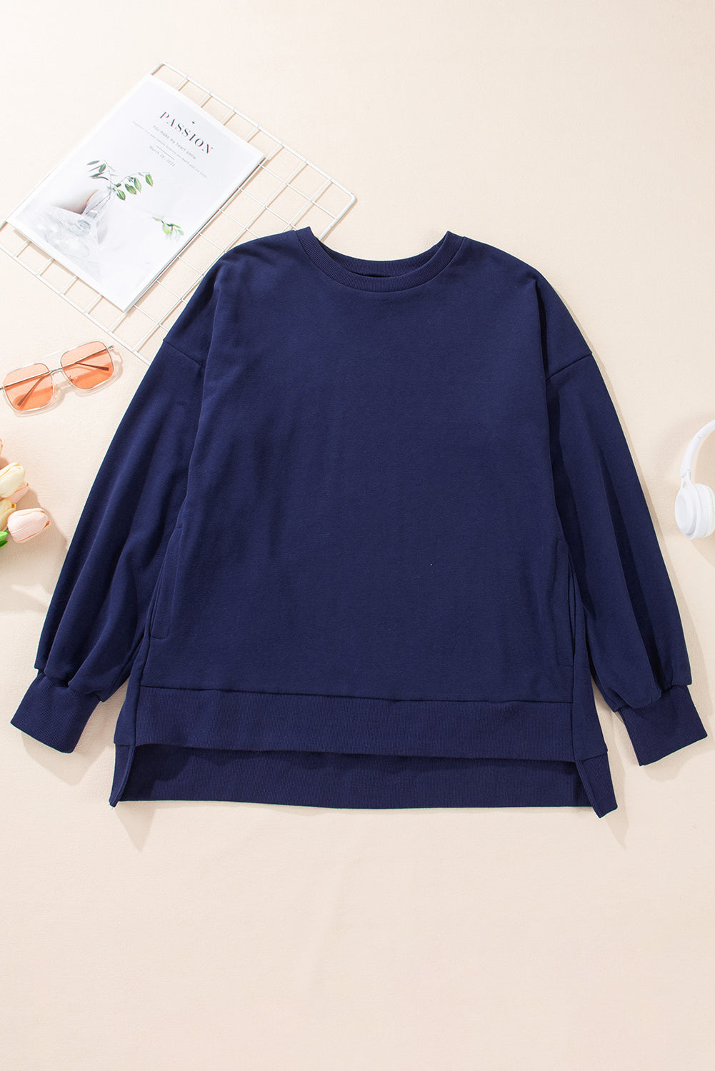 Navy Blue Solid O Neck High Low Hem Pullover Sweatshirt Sweatshirts & Hoodies JT's Designer Fashion