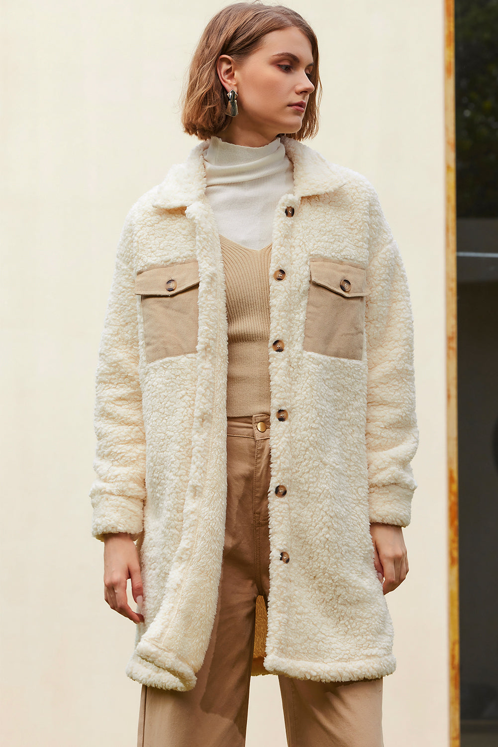 Beige Contrast Flap Pocket Single Breasted Teddy Coat Coats JT's Designer Fashion