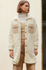 Beige Contrast Flap Pocket Single Breasted Teddy Coat Coats JT's Designer Fashion
