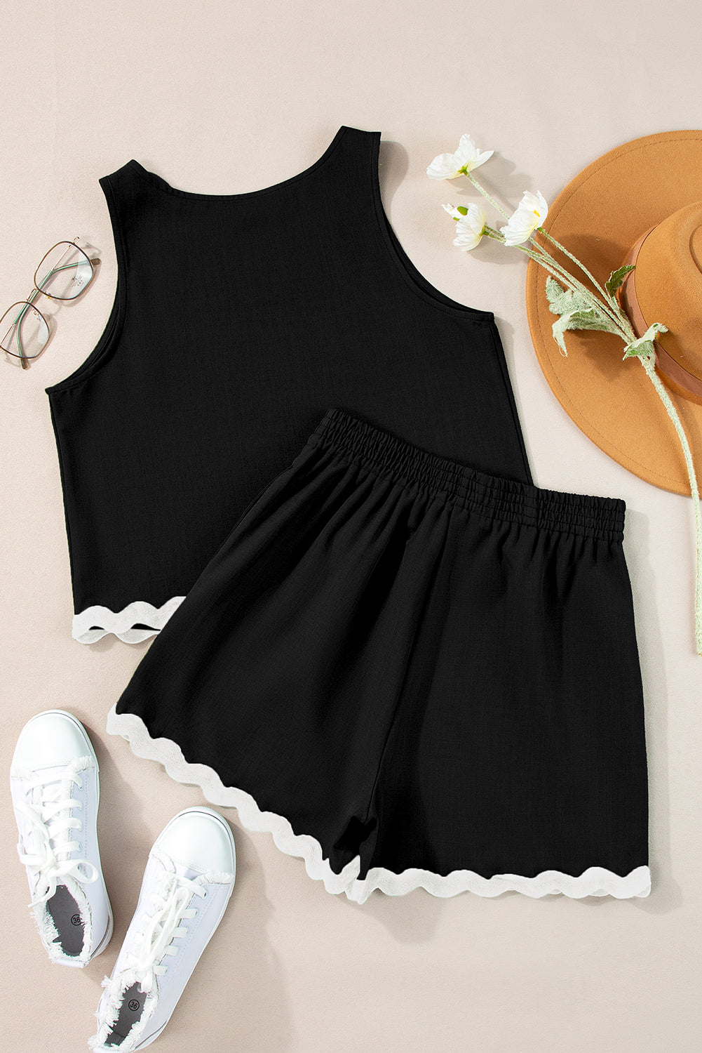 Black Ricrac Trim Tank Top Elastic Waist Shorts Set Short Sets JT's Designer Fashion