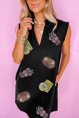 Black Sequin Patched V Neck Collared Mini Dress Graphic Dresses JT's Designer Fashion