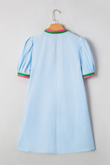 Myosotis Contrast Striped Notched V Neck Puff Sleeve Mini Dress Mini Dresses JT's Designer Fashion