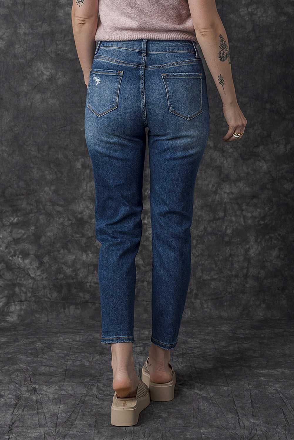 Blue Distressed Button Fly High Waist Skinny Jeans Jeans JT's Designer Fashion