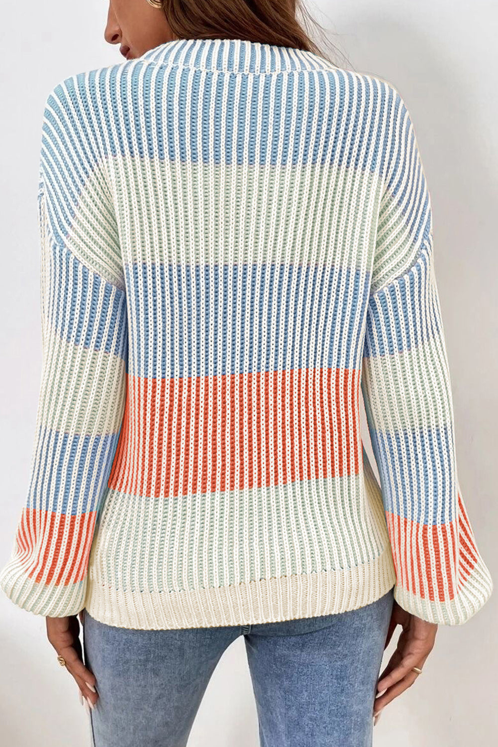 Multicolour Colorblock Textured Knit Bubble Sleeve Sweater Sweaters JT's Designer Fashion