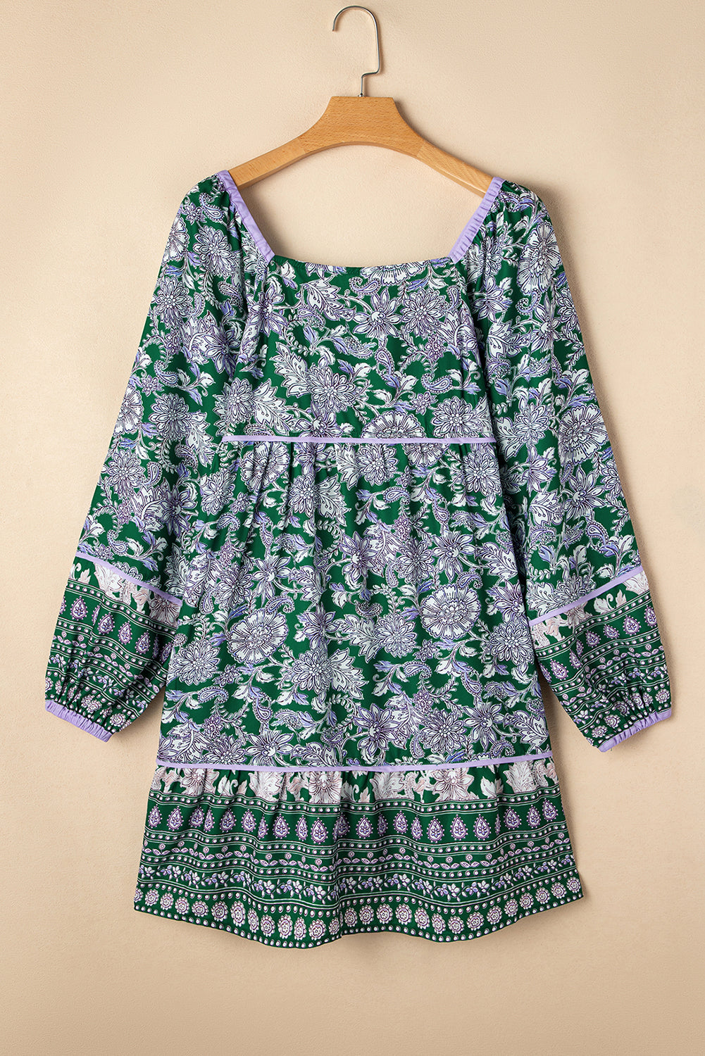 Green Floral Print Piping Trim Bubble Sleeve Square Neck Dress Floral Dresses JT's Designer Fashion