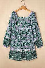 Green Floral Print Piping Trim Bubble Sleeve Square Neck Dress Floral Dresses JT's Designer Fashion