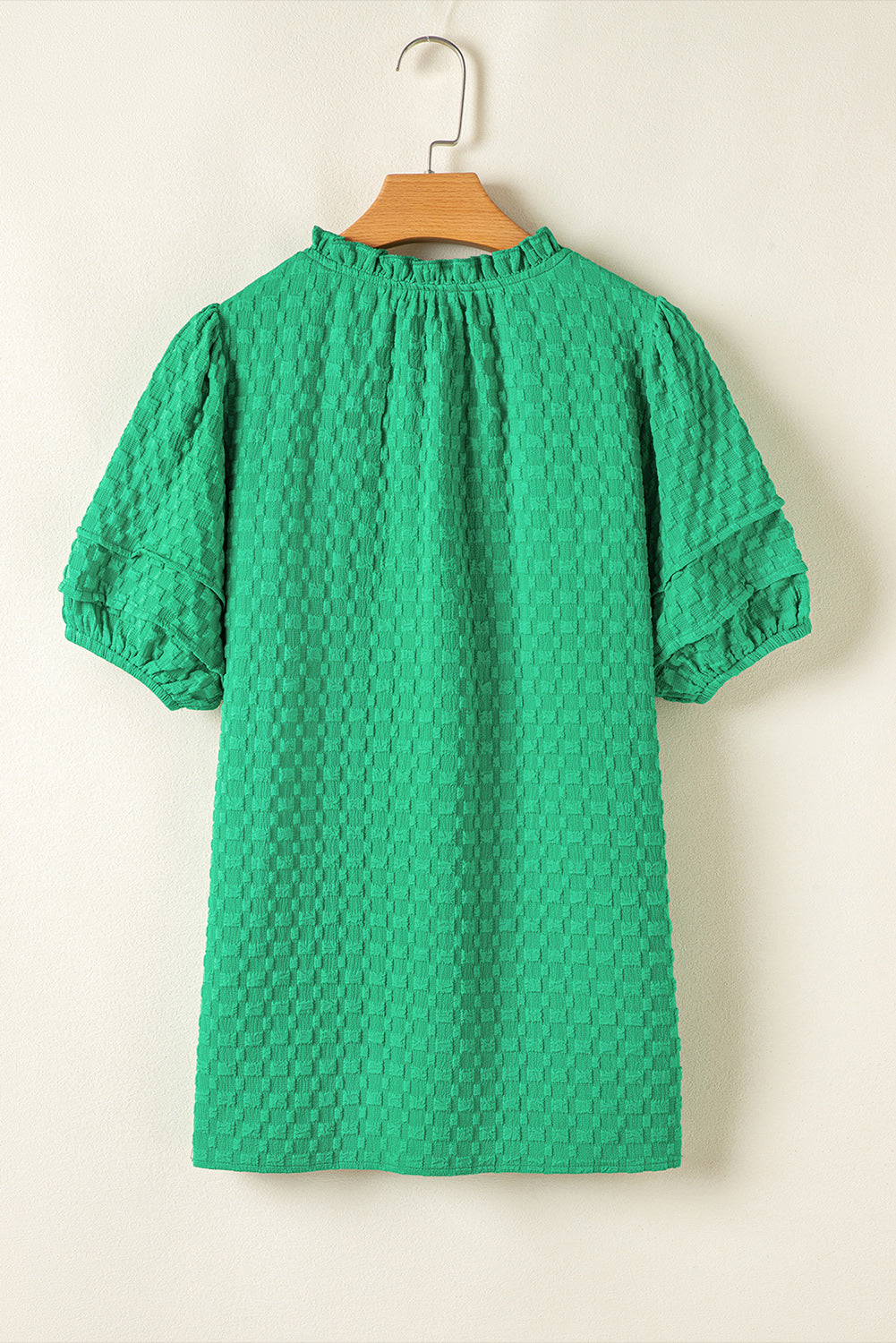 Bright Green Textured Puff Short Sleeve Notched V Neck Top Blouses & Shirts JT's Designer Fashion