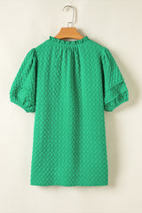 Bright Green Textured Puff Short Sleeve Notched V Neck Top Blouses & Shirts JT's Designer Fashion