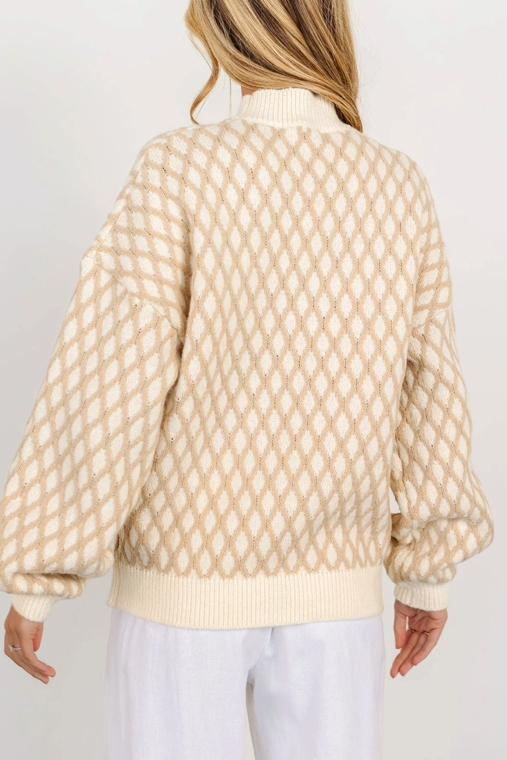 Oatmeal Diamond Knit Drop Shoulder Loose Sweater Sweaters JT's Designer Fashion
