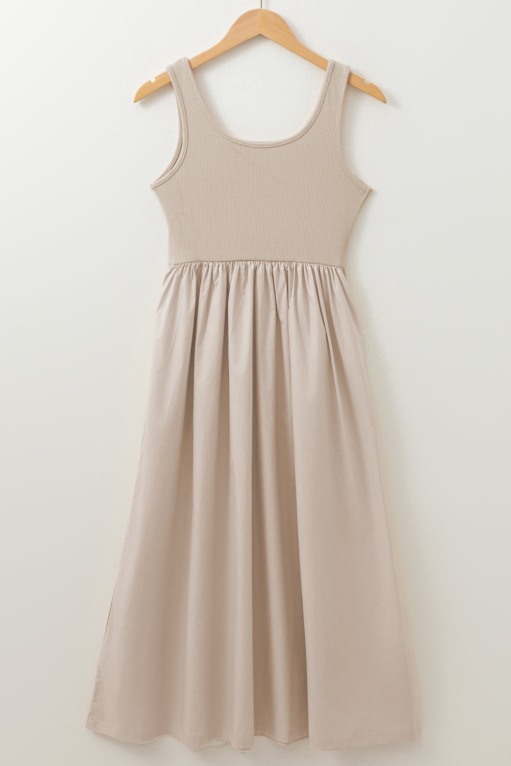 Beige Scoop Neck Ribbed Bodice Pleated Sleeveless Long Dress Maxi Dresses JT's Designer Fashion