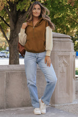 Chestnut Color Block Half Zip Kangaroo Pocketed Hoodie Sweatshirts & Hoodies JT's Designer Fashion