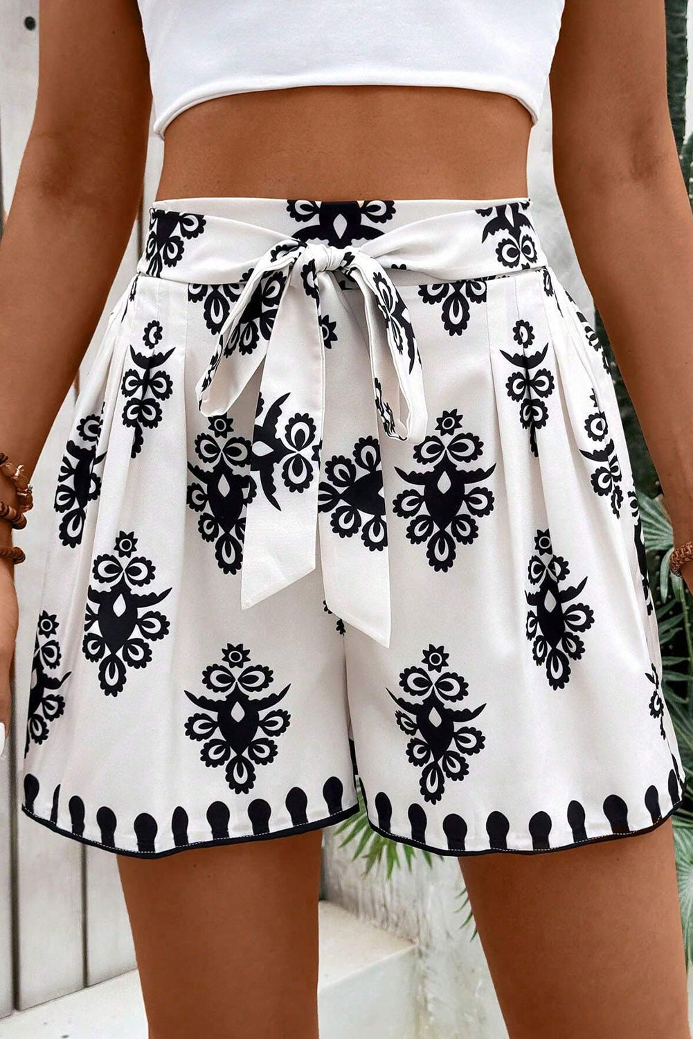Black Tribal Geometric Print Belted High Waist Casual Shorts Casual Shorts JT's Designer Fashion