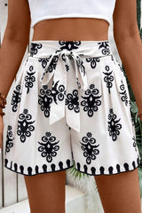Black Tribal Geometric Print Belted High Waist Casual Shorts Casual Shorts JT's Designer Fashion