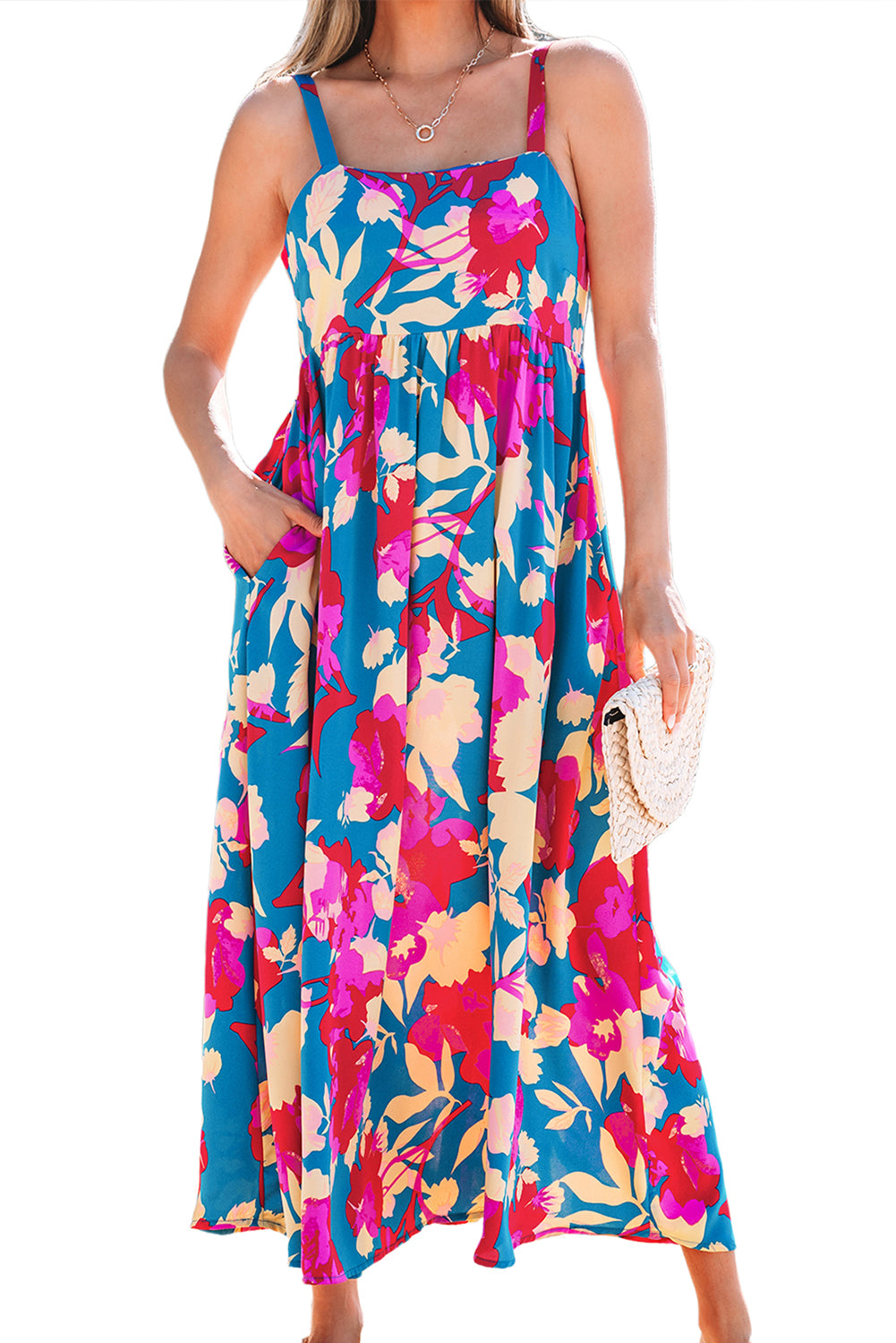 Dark Blue Floral High Waist Sleeveless Flared Long Dress Floral Dresses JT's Designer Fashion
