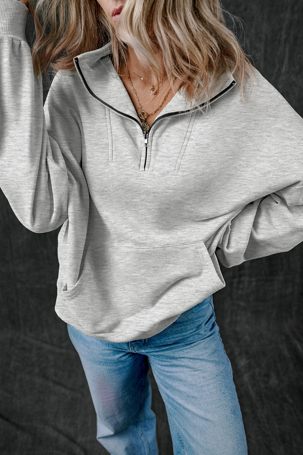 Light Grey Zip-up Stand Neck Kangaroo Pocket Sweatshirt Sweatshirts & Hoodies JT's Designer Fashion