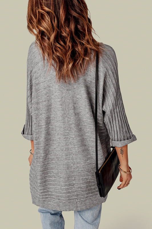 Gray Ribbed Open Front Knit Cardigan Sweaters & Cardigans JT's Designer Fashion