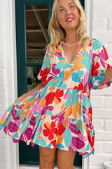 Rose Red Floral Bubble Sleeve V Neck Tiered Ruffle Babydoll Dress Floral Dresses JT's Designer Fashion