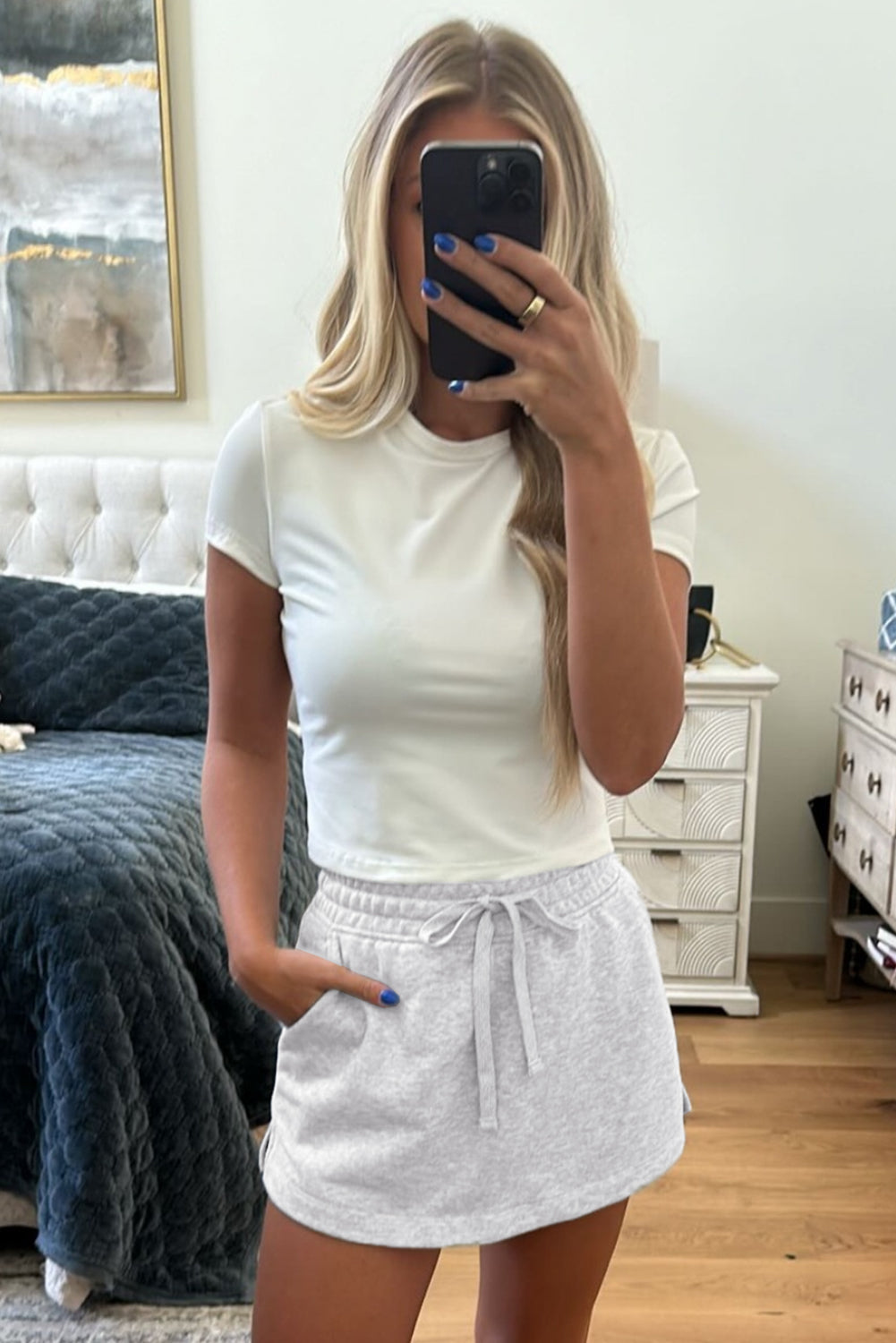 Light Grey French Terry Drawstring Mini Skort with Pockets Skirts & Petticoat JT's Designer Fashion
