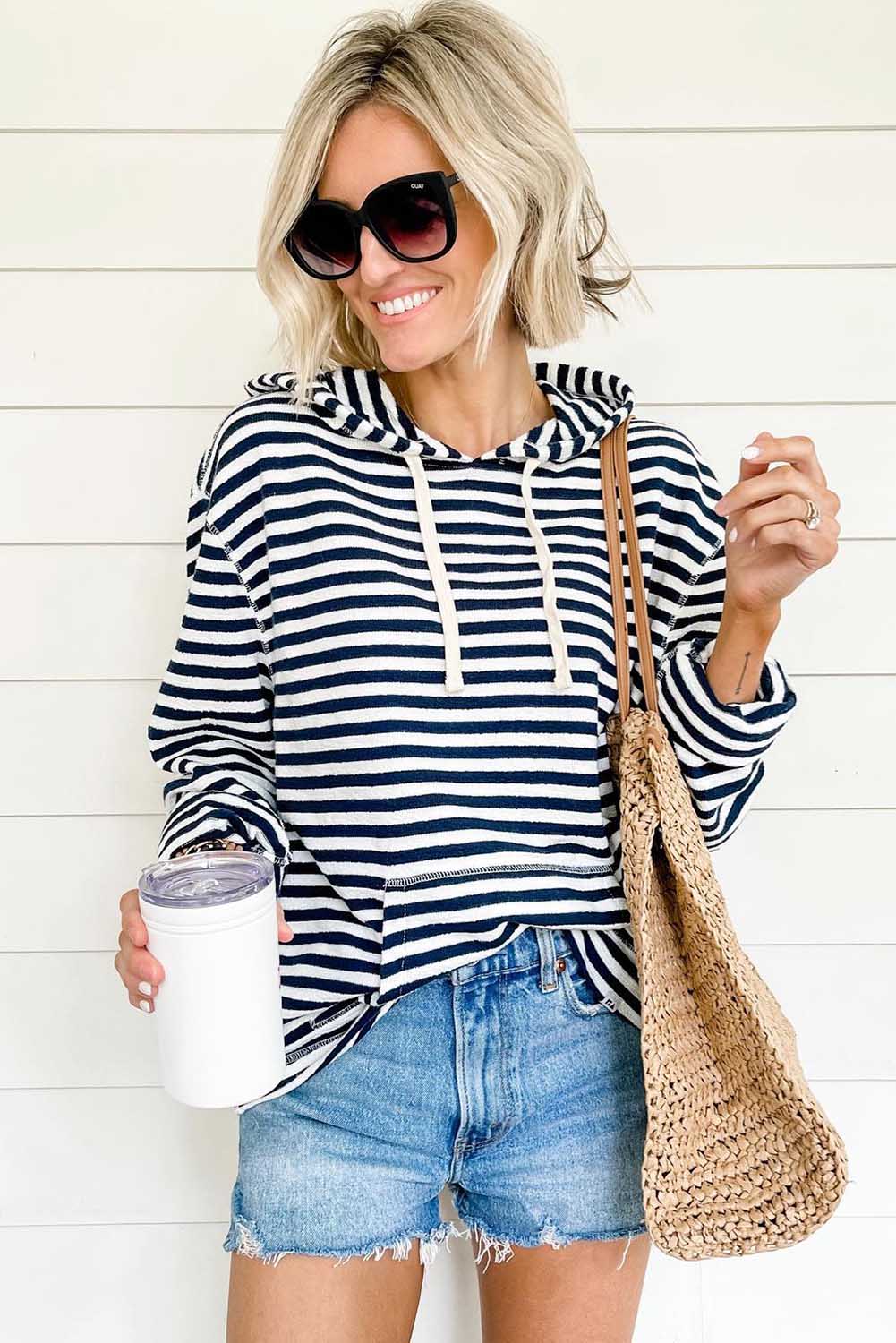 Stripe Kangaroo Pocket Drawstring Hoodie Sweatshirts & Hoodies JT's Designer Fashion