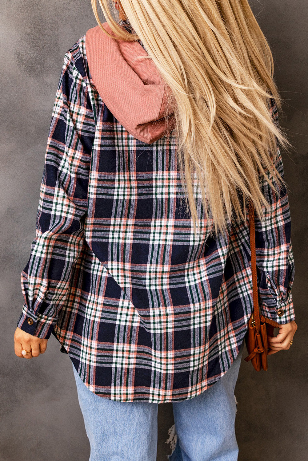 Pink Contrast Hooded Drawstring Plaid Shacket Plaid Shackets JT's Designer Fashion