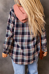 Pink Contrast Hooded Drawstring Plaid Shacket Plaid Shackets JT's Designer Fashion