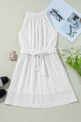 White Lace Sleeveless Knot Hollow Out Back Tied Waist Mini Dress Mini Dresses JT's Designer Fashion