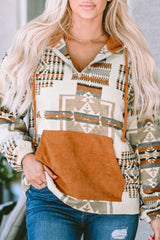 Beige Aztec Print Kangaroo Pocket Half-Zip Hoodie Sweatshirts & Hoodies JT's Designer Fashion