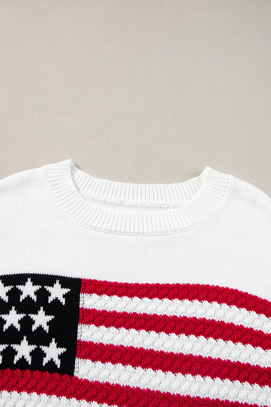 White American Flag Cable Knit Drop Shoulder Sweater Sweaters JT's Designer Fashion