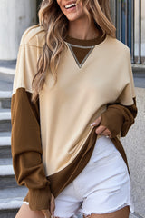 Apricot Color Block Thumbhole Sleeve Drop Shoulder Sweatshirt Sweatshirts & Hoodies JT's Designer Fashion
